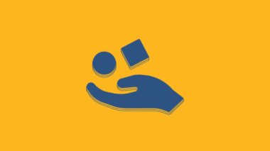 Mavi Küp, el simgesinin üzerinde turuncu arka planda asılı duruyor. Havalanma sembolü. 4K Video hareketli grafik canlandırması.