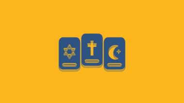 Mavi Üç tarot kartı ikonu turuncu arka planda izole edildi. Sihirli tarot kartları seti. 4K Video hareketli grafik canlandırması.