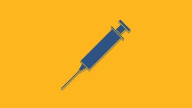 Mavi şırınga ikonu turuncu arka planda izole edildi. Aşı için şırınga, aşı, iğne, grip aşısı. Tıbbi ekipman. 4K Video hareketli grafik canlandırması.