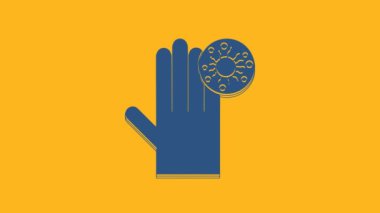 Mavi El, turuncu arka planda virüs ikonuna sahip. Corona virüsü 2019-nCoV. Bakteri ve mikroplar, hücre kanseri, mikrop, mantar. 4K Video hareketli grafik canlandırması.