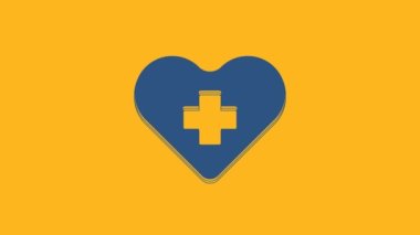 Mavi Kalp, turuncu arka planda izole edilmiş bir haç simgesi. İlk yardım. Sağlık, tıbbi ve eczane işaretleri. 4K Video hareketli grafik canlandırması.