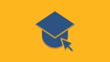 Dünya ikonunun mavi mezuniyet şapkası turuncu arka planda izole edilmiş. Dünya eğitim sembolü. Çevrimiçi öğrenme ya da e-öğrenme kavramı. 4K Video hareketli grafik canlandırması.