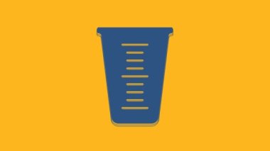Blue Measuring cup to measure dry and liquid food icon isolated on orange background. Plastic graduated beaker with handle. 4K Video motion graphic animation.