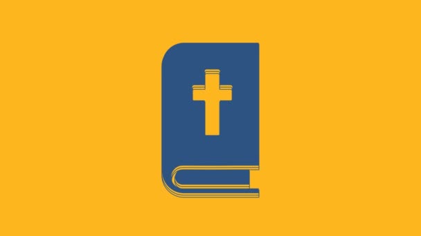 Icona Del Libro Della Sacra Bibbia Blu Isolata Sfondo Arancione — Video Stock