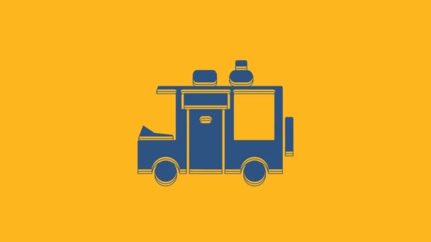 Blue Camping Trailer Ikona Izolowana Pomarańczowym Tle Podróż Domek Mobilny — Wideo stockowe