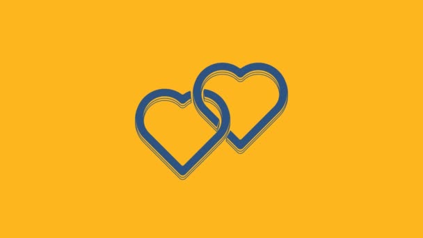 蓝色双联心脏图标孤立在橙色背景 浪漫的象征连在一起 连在一起 激情和婚礼 母亲节快乐 4K视频运动图形动画 — 图库视频影像