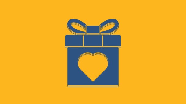 Blue Gift Box Ikona Serca Izolowane Pomarańczowym Tle Marca Międzynarodowy — Wideo stockowe