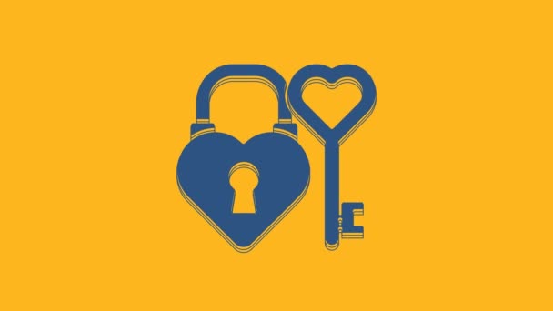心臓の形をした青の城とオレンジの背景に隔離されたハート型のアイコンの鍵 愛のシンボルと鍵穴の標識 4Kビデオモーショングラフィックアニメーション — ストック動画