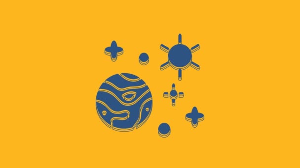 Синій Простір Значок Планети Ізольовані Помаранчевому Фоні Планети Поверхні Кратерами — стокове відео