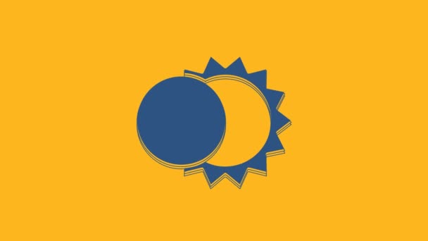 オレンジ色の背景に孤立した太陽のアイコンの青のエクリプス 皆既日食 4Kビデオモーショングラフィックアニメーション — ストック動画