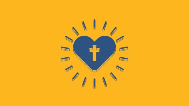 Azul Cruz Cristã Ícone Coração Isolado Fundo Laranja Feliz Páscoa — Vídeo de Stock