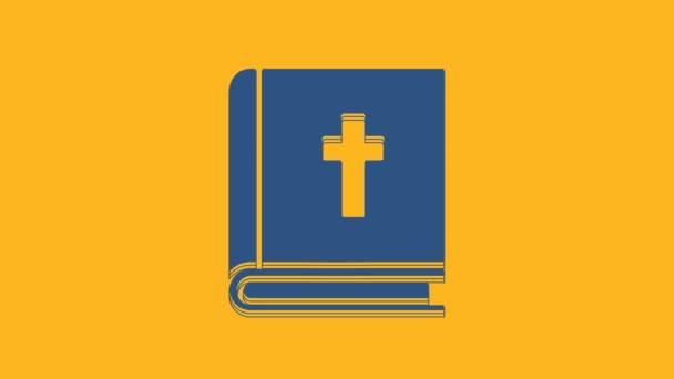 Ikona Knihy Modrá Svatá Bible Izolovaná Oranžovém Pozadí Grafická Animace — Stock video