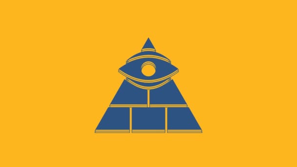 蓝色的共济会标志着上帝的全视的眼睛图标孤立在橙色的背景下 在三角形中的天眼 4K视频运动图形动画 — 图库视频影像