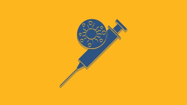 オレンジ色の背景に青い注射器とウイルスのアイコンが隔離されています ワクチン 予防接種 インフルエンザのショットのためのシリンジ 医療機器 4Kビデオモーショングラフィックアニメーション — ストック動画