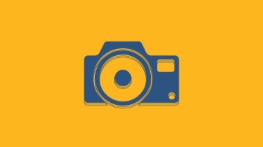 Blue Photo camera icon isolated on orange background. Foto camera icon. 4K Video motion graphic animation.