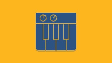 Blue Music synthesizer icon isolated on orange background. Electronic piano. 4K Video motion graphic animation.