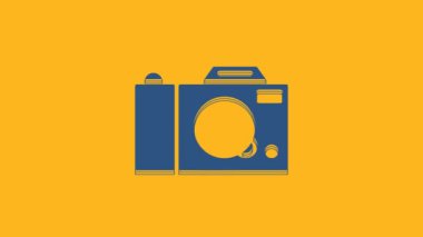 Blue Photo camera icon isolated on orange background. Foto camera icon. 4K Video motion graphic animation.