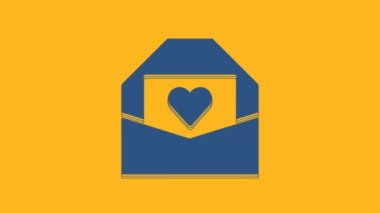 Blue Envelope with Valentine heart icon isolated on orange background. Message love. Letter love and romance. 4K Video motion graphic animation.