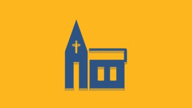 Mavi Kilise binası ikonu turuncu arka planda izole edilmiş. Hıristiyan Kilisesi. Kilisenin dini. 4K Video hareketli grafik canlandırması.