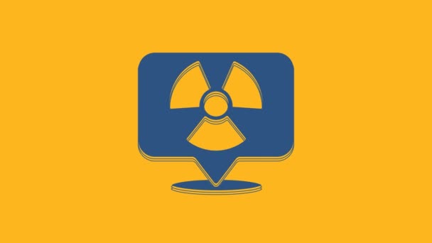 Azul Radioactivo Icono Ubicación Aislado Sobre Fondo Naranja Símbolo Tóxico — Vídeo de stock