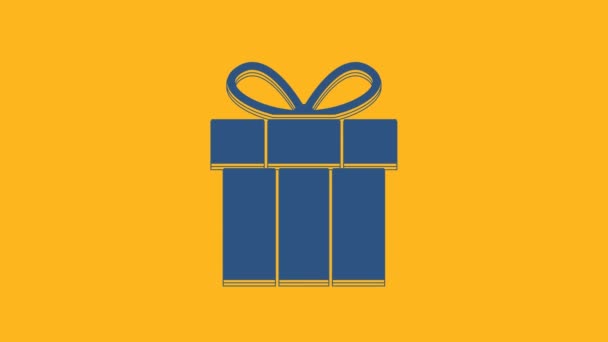 Blue Gift Box Icoon Geïsoleerd Oranje Achtergrond Gefeliciteerd Met Verjaardag — Stockvideo