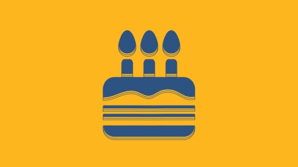 Blue Cake Burning Candles Icon Isolated Orange Background Happy Birthday — Stockvideo