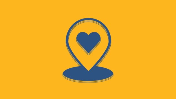 Blue Map Pointer Heart Icon Isolated Orange Background Valentines Day — Vídeo de stock