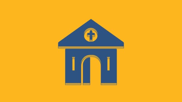 Mavi Kilise Binası Ikonu Turuncu Arka Planda Izole Edilmiş Hıristiyan — Stok video