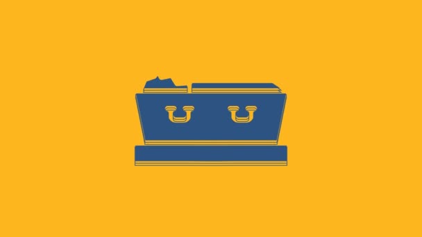 Блакитна Відкрита Труна Іконою Померлого Тіла Ізольованою Помаранчевому Тлі Похорон — стокове відео