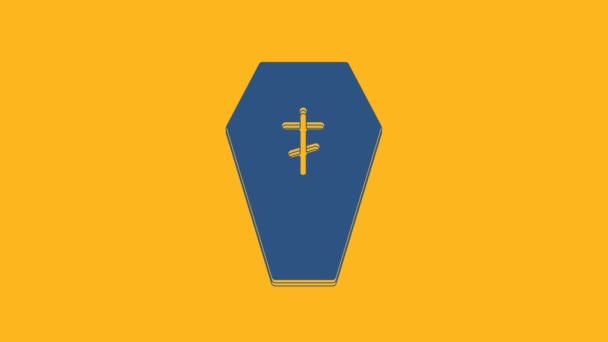 Μπλε Coffin Χριστιανική Σταυρό Εικόνα Απομονώνονται Πορτοκαλί Φόντο Καλό Αποκριάτικο — Αρχείο Βίντεο