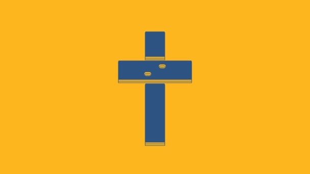 Ícone Cruzado Cristão Azul Isolado Fundo Laranja Cruzamento Animação Gráfica — Vídeo de Stock