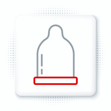 Beyaz arkaplanda çizgi kondom simgesi izole edildi. Güvenli aşk sembolü. Erkekler için doğum kontrol yöntemi. Renkli taslak konsepti. Vektör