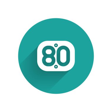 Beyaz 80 'lerin Retro simgesi uzun gölgeli izole edilmiş. Seksenlerin posteri. Yeşil daire düğmesi. Vektör.
