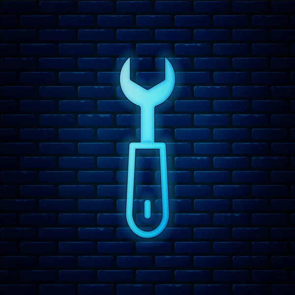 Leuchtende Neon Schraubenschlüssel Symbol Isoliert Auf Backsteinwand Hintergrund Vektor — Stockvektor