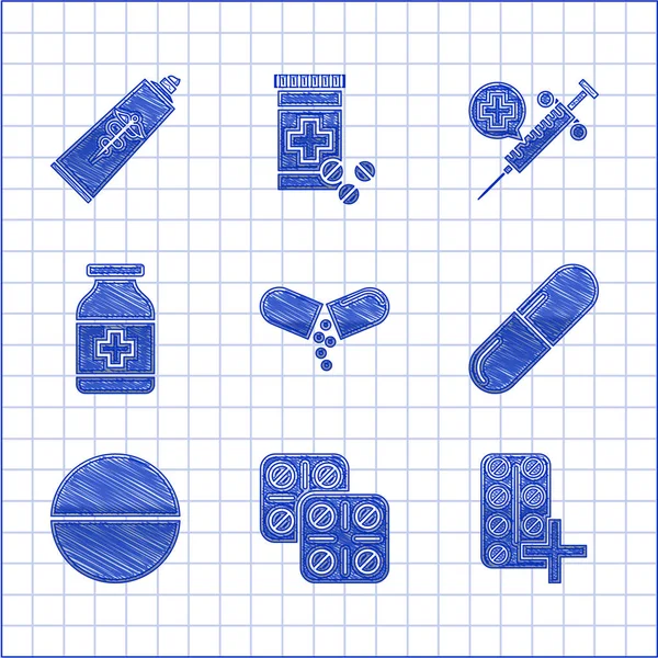 采购产品药丸或药片 药丸起泡包 医疗注射器与针和药膏药筒图标 — 图库矢量图片