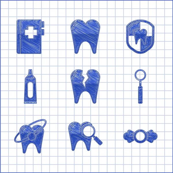 Набор Сломанный Зуб Стоматологический Поиск Конфеты Инспекционное Зеркало Концепция Отбеливания — стоковый вектор