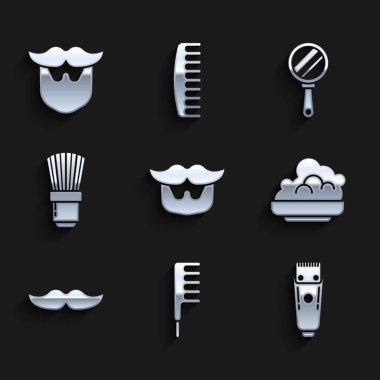 Bıyık ve sakal, saç fırçası, elektrikli saç kesme makinesi, tıraş köpüğü, el aynası ve ikon. Vektör