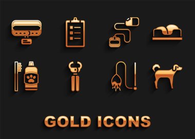 Pet tırnak makası, yatak, köpek, kedi oyuncağı, evcil hayvanlar için diş hijyeni, geri çekilebilir ip tasması, yaka etiketli yaka ve Bakım Salonu fiyat listesi ikonu. Vektör