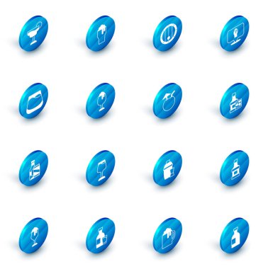 Bir bardak bira, tahta fıçı, alkol ya da yer, viski, bira şişesi ve kutu viski, viski bardağı ve hindistan cevizi kokteyli ikonu. Vektör