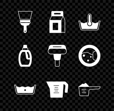 Camlar için kauçuk temizleyiciyi, çamaşır deterjanı, ısı temizleyicisi, ölçü kabı, çamaşır tozu, şişe temizleme maddesi ve giysi buharı ikonu hazırlayın. Vektör