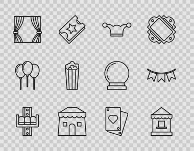 Cazibe atlıkarıncasını, bilet gişesini, zilli Jester şapkasını, sirk çadırını, perdeyi, patlamış mısır kartonunu, Playing ve Carnival çelenk ikonunu ayarla. Vektör