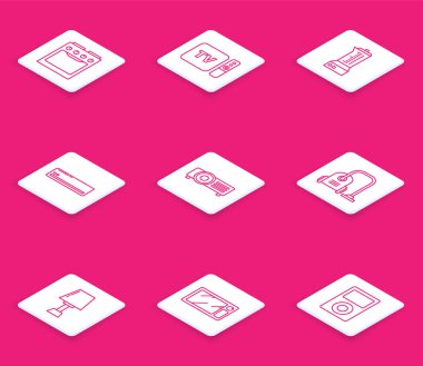 Hat hattı fırın, TV alıcısı ve uzaktan kumandalı oyuncu, blender, klima, elektrik süpürgesi, masa lambası ve mikrodalga fırın ikonu. Vektör