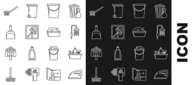 Elektrik hattı, sıvı bulaşık deterjanı için plastik şişeler, su damlası akan duş başlığı, kova, silecek, faraş, tuvalet fırçası ve havza sabunu ikonu. Vektör