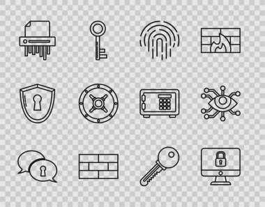 Kişisel verilerin satır korumasını, bilgisayar monitörünü, parmak izini, tuğlaları, kağıt öğütücüsünü, güvenli, anahtar ve göz tarama simgesini ayarla. Vektör