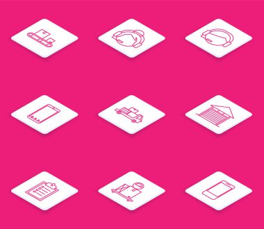 Çizgi taşıma bandını karton kutulu ayarla, iletişimde bulunan destek operatörü, cep telefonu uygulama teslimat takibi, teslimat kamyoneti kutuları, kapalı depo, liste panosunun doğrulanması ve ölçek simgesi. Vektör