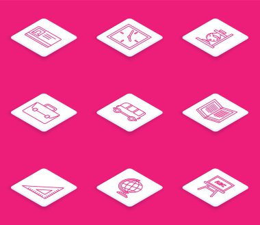 Hat tanımlama rozeti, saat, cam tüp tüpü ateşi, evrak çantası, okul servisi, açık kitap, üçgen cetvel ve dünya küresi ikonu. Vektör