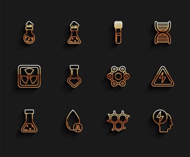 Hat hattı test tüpü ve matara kimyasalı, su damlası, kimyasal formül, baş elektrik sembolü, yüksek voltaj işareti ve ikon. Vektör