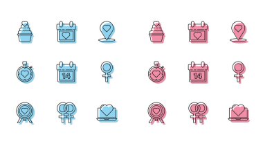 Dart 'ın merkezindeki çizgiyi hedef al, kadın cinsiyet sembolü, kalbi olan dizüstü bilgisayar, Takvim 14 Şubat, kronometre ve simge. Vektör