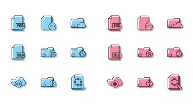 Satır Ekle Bulut, Bilinmeyen belge dizini, PSD dosyası, Arama, Silme, saat, XLS ve eksi simge içeren belge ekle. Vektör