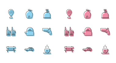 Hat Bench, Araba, Konum, Kahve fincanı, Kabzalı Kettle, İşaret fişeği tabancası, Telsiz ve Kantin su şişesi ikonu. Vektör